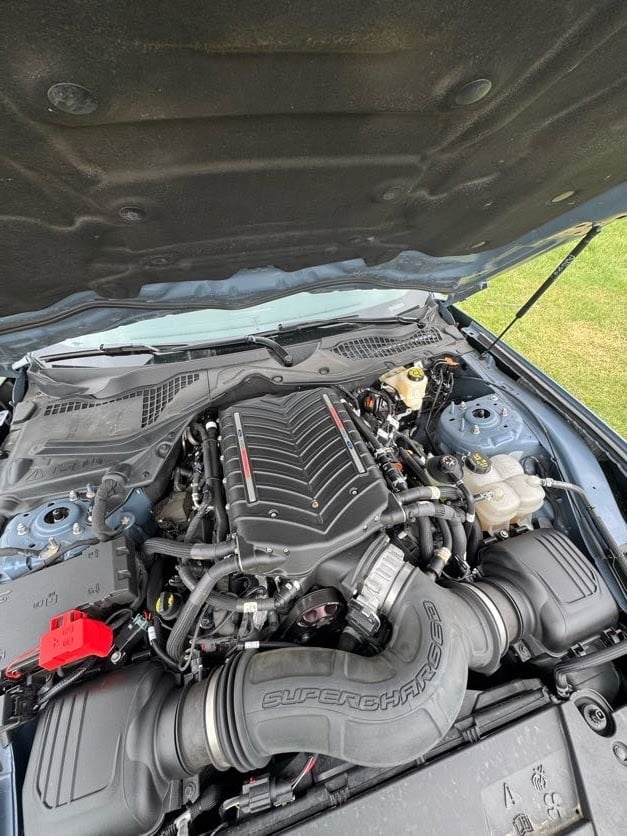 Open car engine bay showing a supercharged V8 engine with detailed components and wiring, viewed from above with grass visible in background