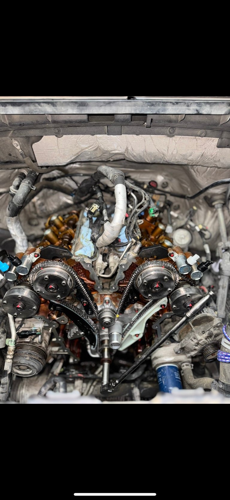 Overhead view of a complex car engine with dual camshafts, bronze-colored valve covers, and various hoses and wiring visible under the hood